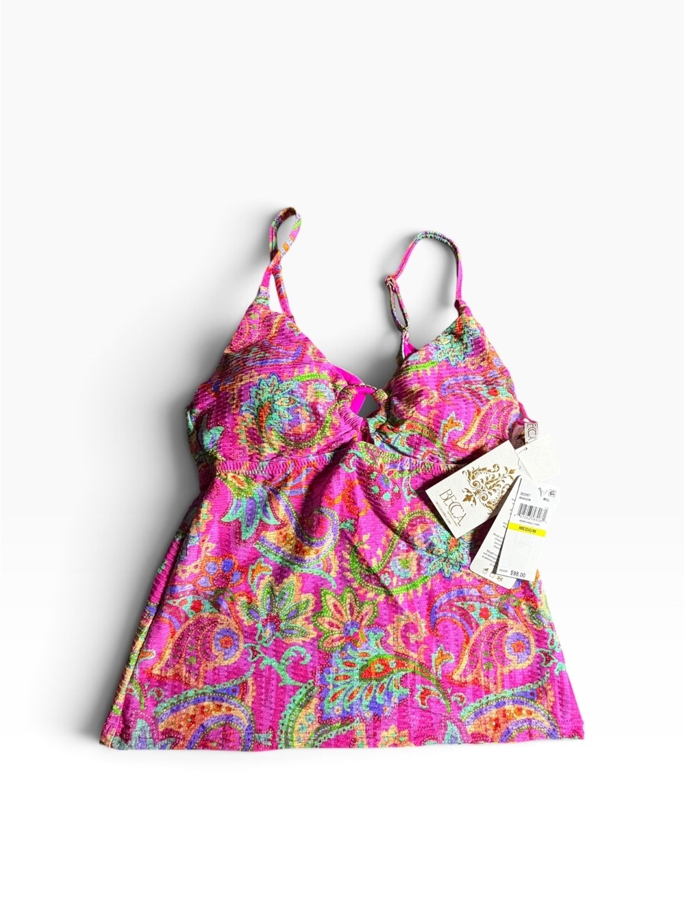 Becca pink paisley multi color O ring tankini swim top size Medium $98 NWT - Picture 6 of 8